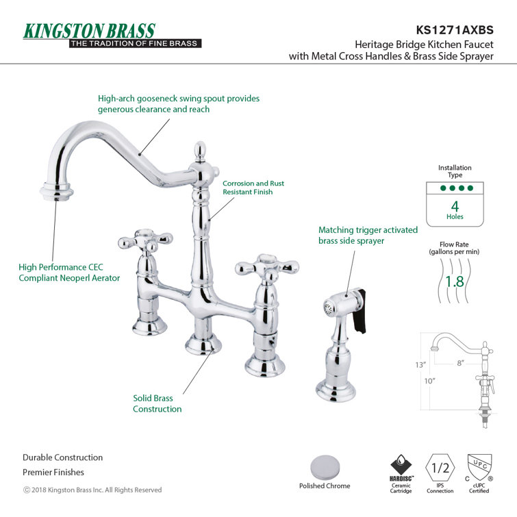 Polished Chrome Heritage Bridge Kitchen Faucet with Brass Sprayer