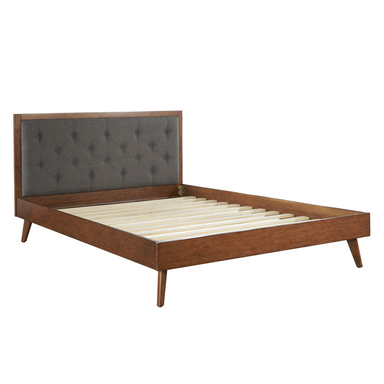 Walnut King Platform Bed with Tufted Grey Upholstery