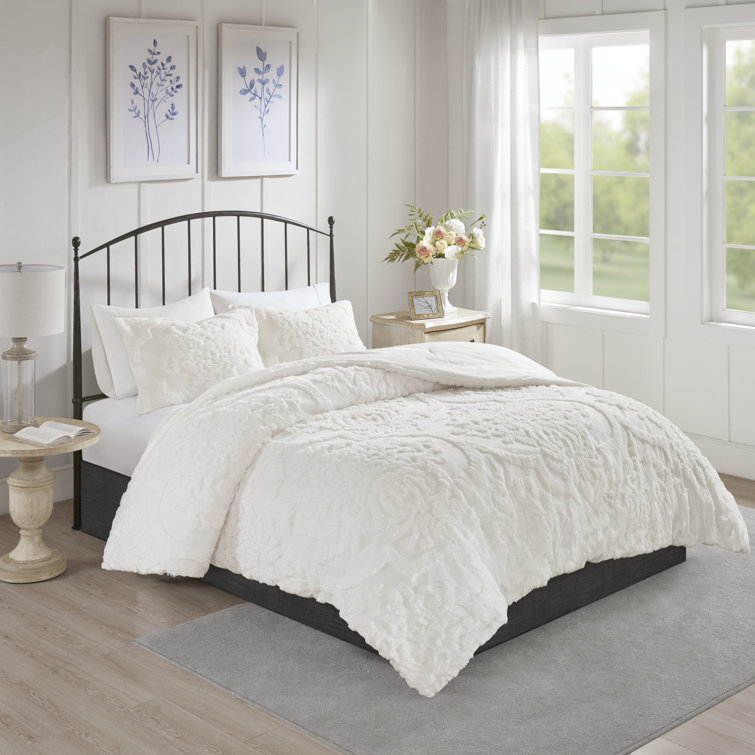 Viola White Cotton Chenille Damask Full Comforter Set