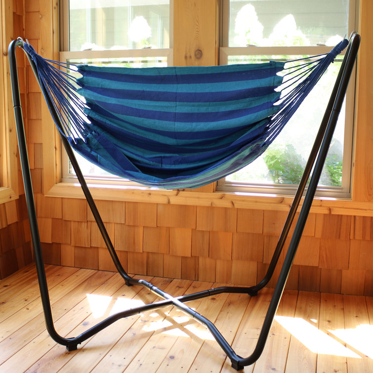 Blue Cotton Hanging Hammock Chair with Black Steel Stand