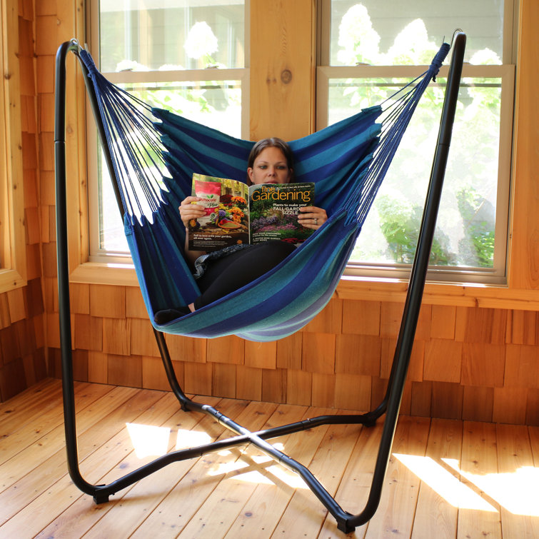 Blue Cotton Hanging Hammock Chair with Black Steel Stand
