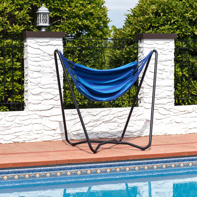 Blue Cotton Hanging Hammock Chair with Black Steel Stand