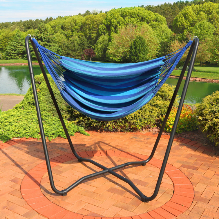 Blue Cotton Hanging Hammock Chair with Black Steel Stand