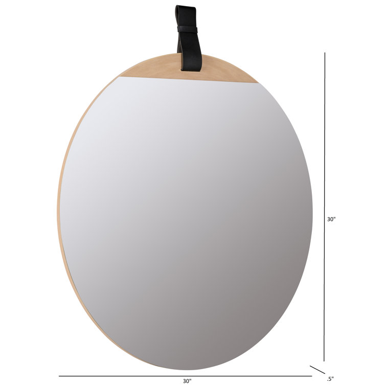 Heppner Round Frameless Blonde Wood Dresser Mirror with Leather Strap