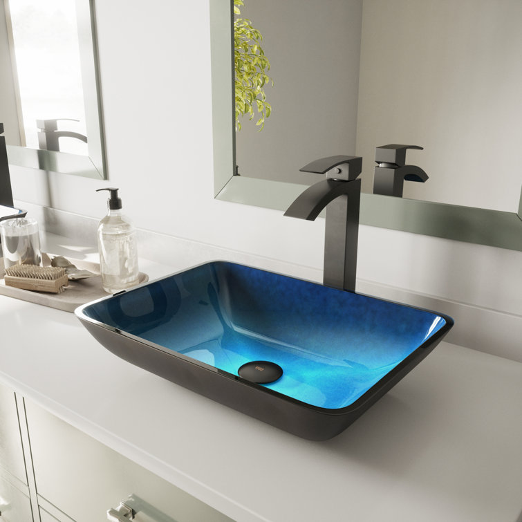 Turquoise Blue Rectangular Glass Vessel Sink, 18" x 13"