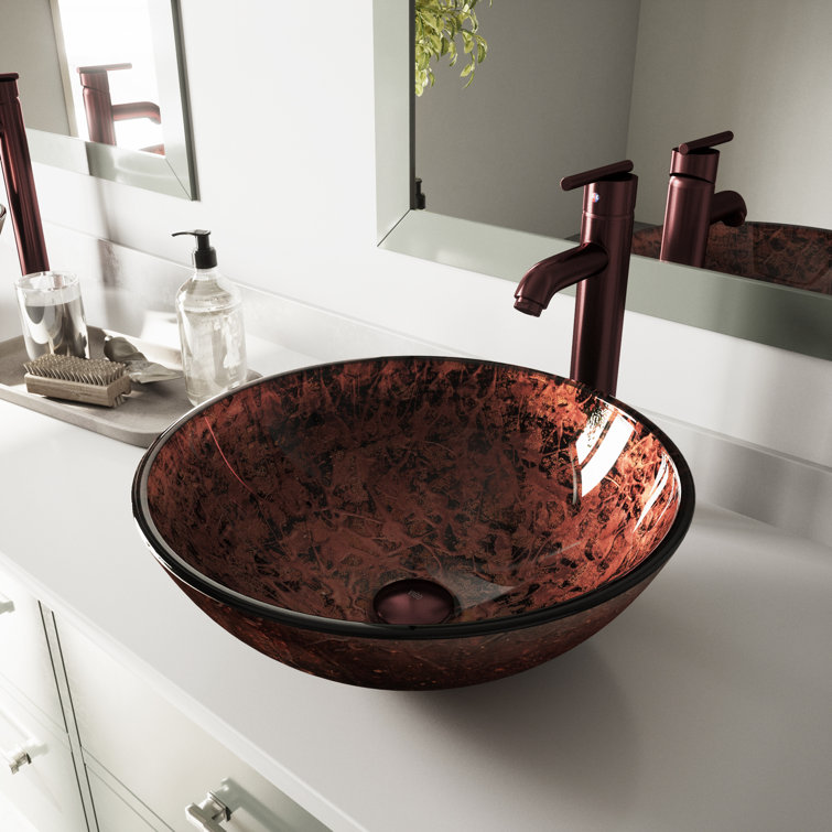 VIGO Mahogany Moon Tempered Glass Handmade Circular Vessel Bathroom Sink