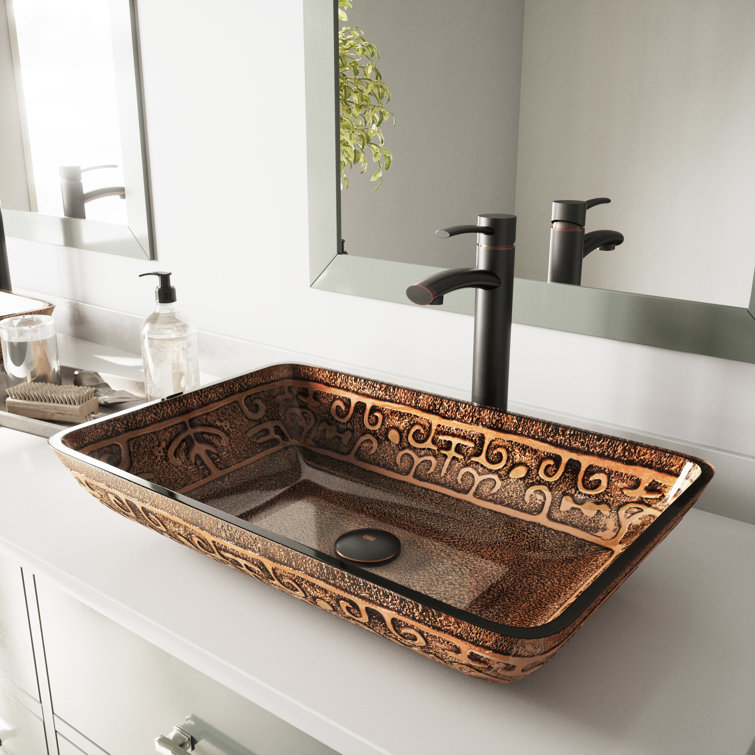 Golden Greek Rectangular Glass Vessel Sink in Gold and Brown