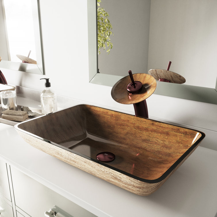 Amber Sunset Glass Rectangular Vessel Sink with Wood Finish