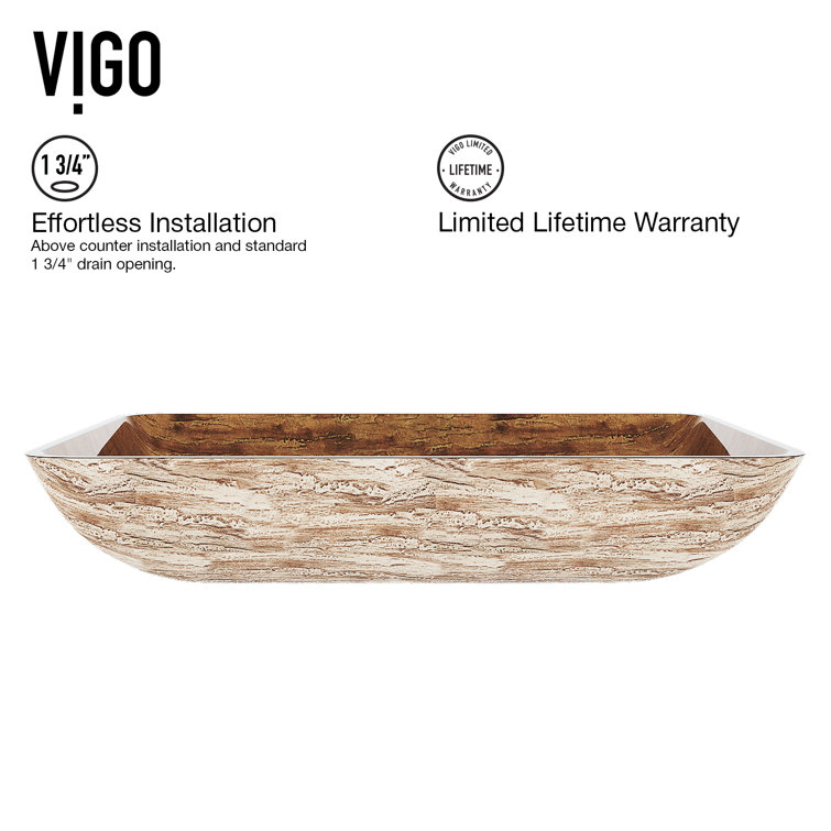 Amber Sunset Glass Rectangular Vessel Sink with Wood Finish