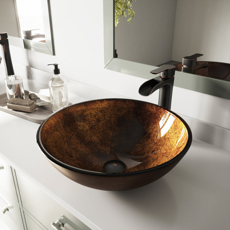 Russet Brown Round Glass Vessel Sink with Antique Bronze Faucet