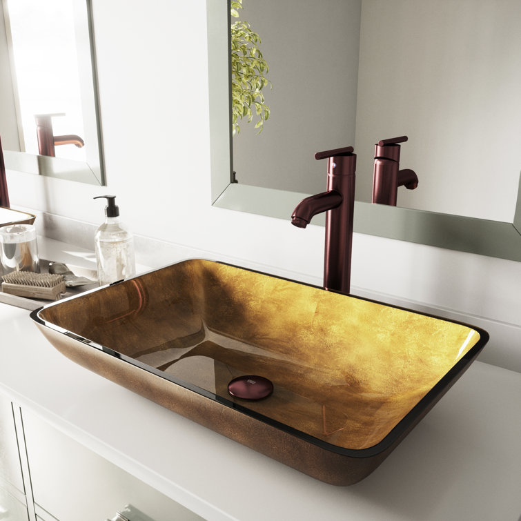 Golden Copper Glass Rectangular Vessel Bathroom Sink