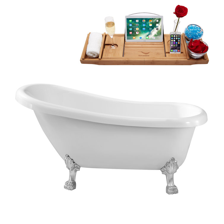 61" Glossy White Acrylic Clawfoot Bathtub with Chrome Feet and Drain