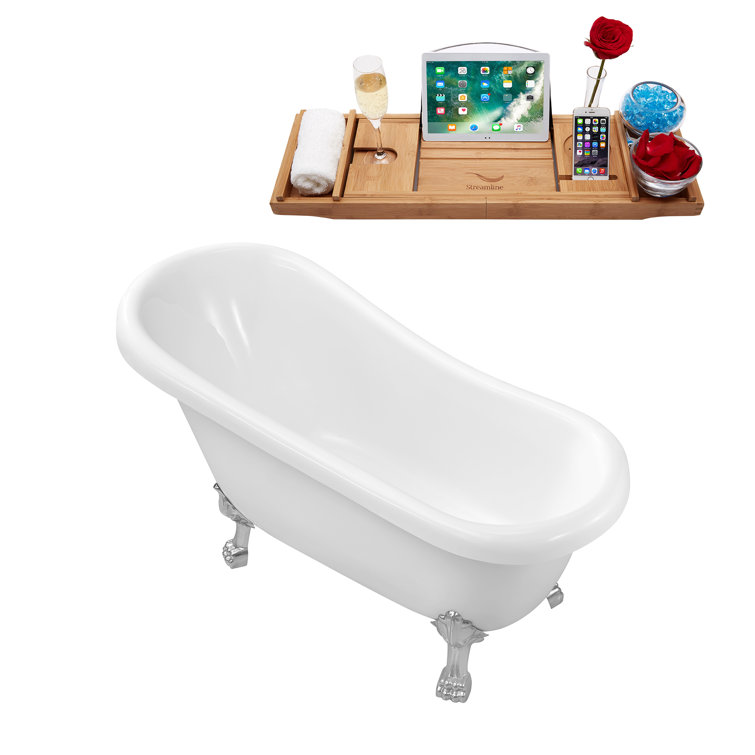 61" Glossy White Acrylic Clawfoot Bathtub with Chrome Feet and Drain