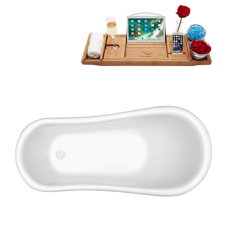 61" Glossy White Acrylic Clawfoot Bathtub with Chrome Feet and Drain