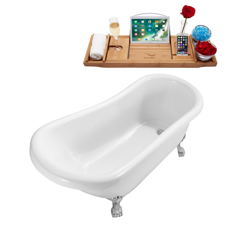 61" Glossy White Acrylic Clawfoot Bathtub with Chrome Feet and Drain