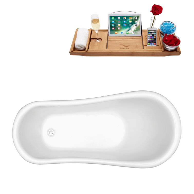 61" Glossy White Acrylic Clawfoot Bathtub with Chrome Feet and Drain