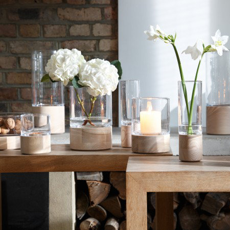 Clear Glass and Wood Tabletop Hurricane Candle Holder