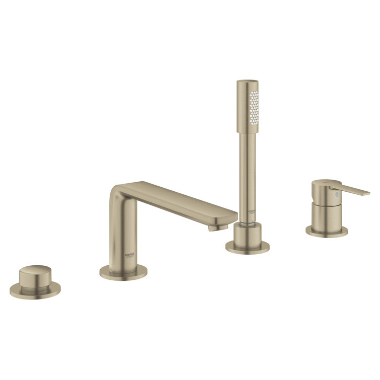 Brushed Nickel Double Handle Deck Mounted Roman Tub Faucet with Handshower
