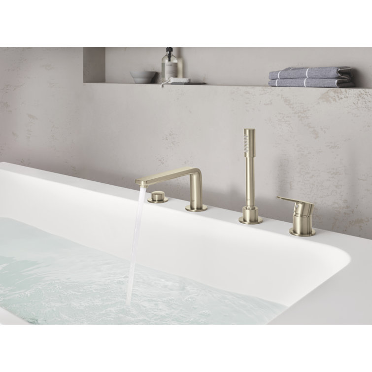Brushed Nickel Double Handle Deck Mounted Roman Tub Faucet with Handshower