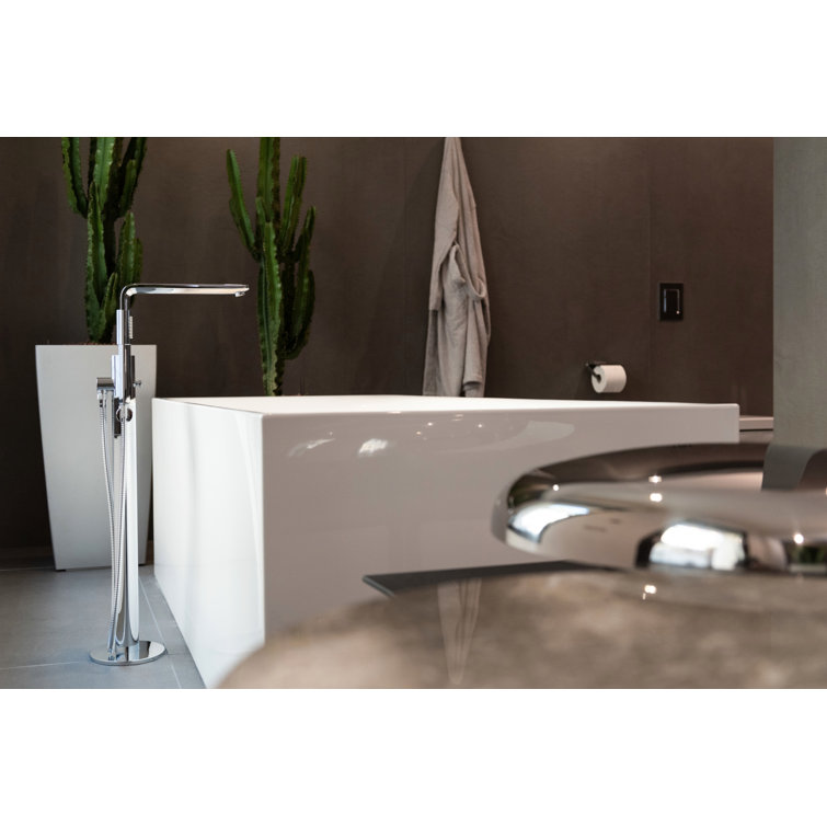 Contemporary Black and Chrome Floor-Mounted Bath Faucet with Handshower