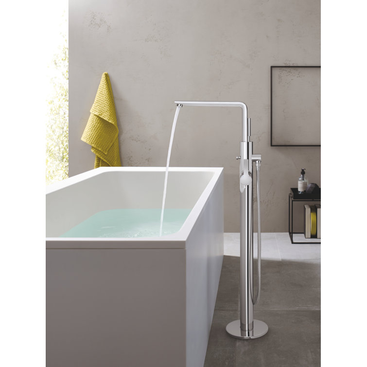 Contemporary Black and Chrome Floor-Mounted Bath Faucet with Handshower