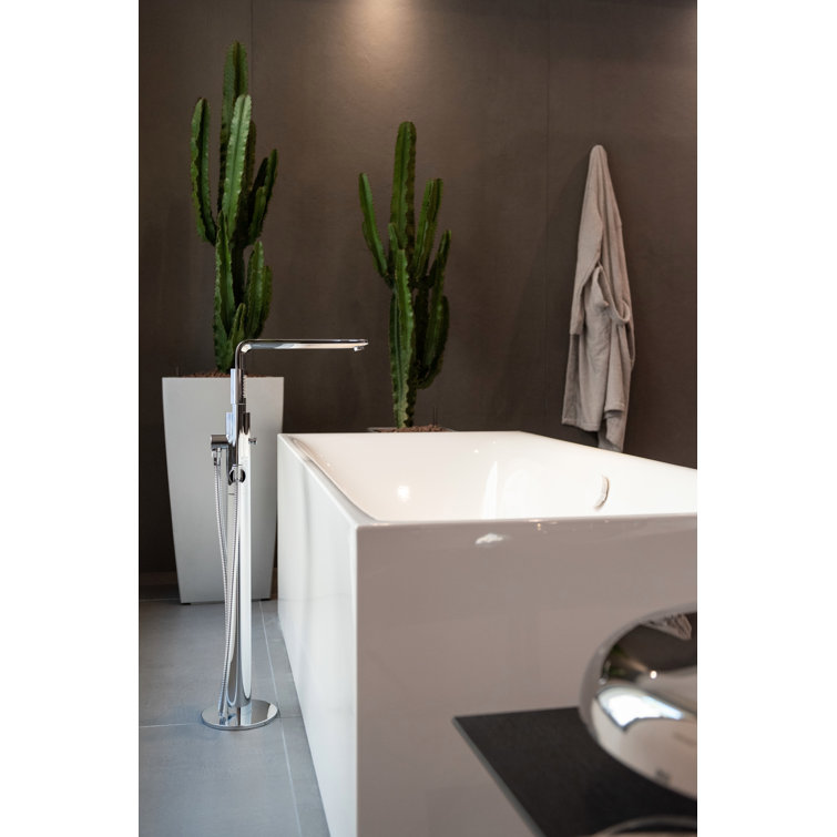 Contemporary Black and Chrome Floor-Mounted Bath Faucet with Handshower