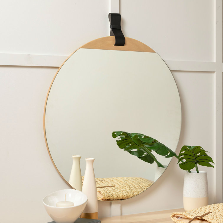 Heppner Round Frameless Blonde Wood Dresser Mirror with Leather Strap