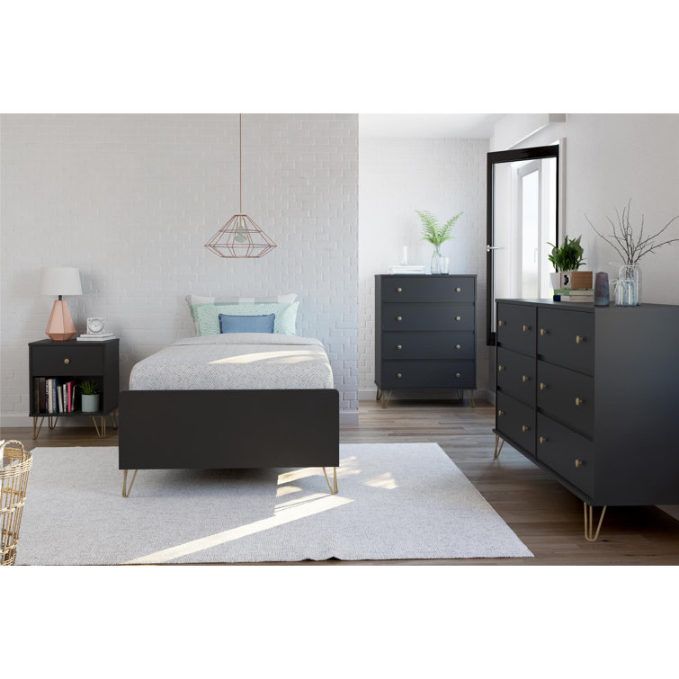 Black and Gold Mid-Century Modern Nightstand with Drawer