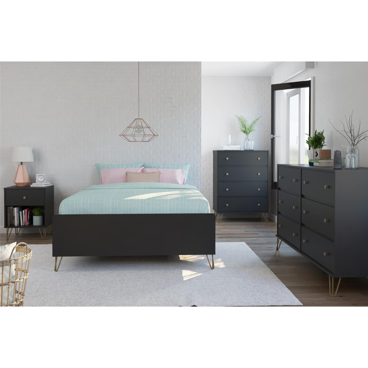 Black and Gold Mid-Century Modern Nightstand with Drawer