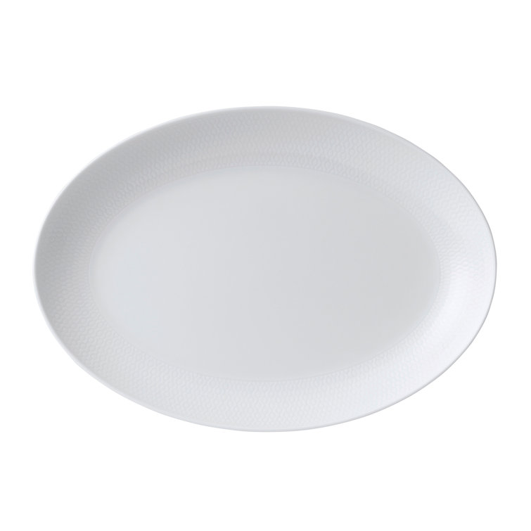 White Ceramic Oval Serving Platter with Embossed Pattern