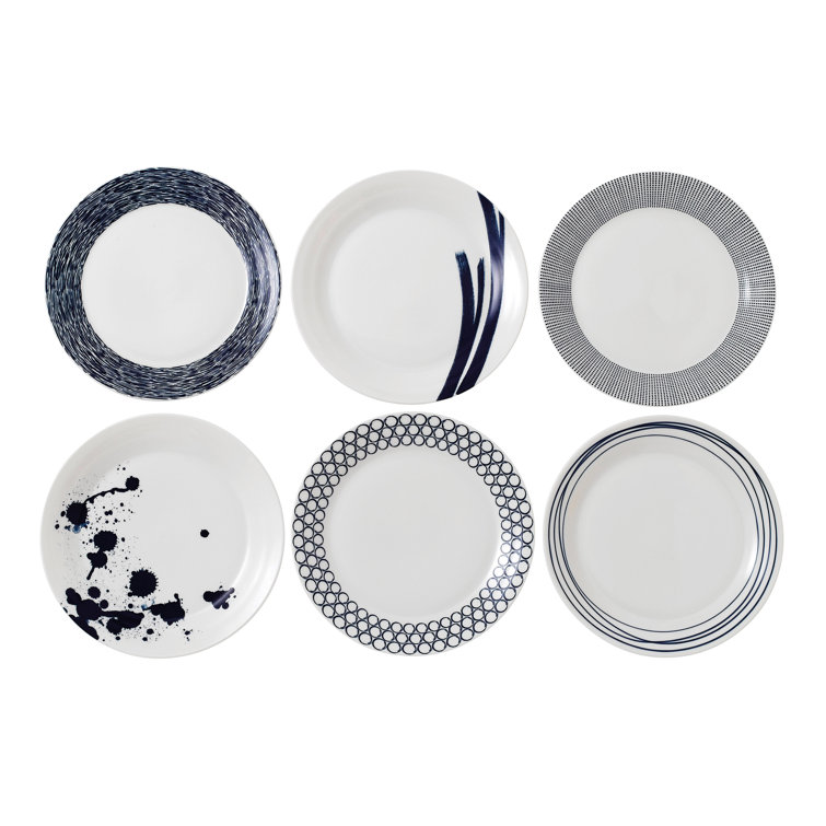 Pacific Blue and White Porcelain Dinner Plate Set, 11 inches, Set of 6