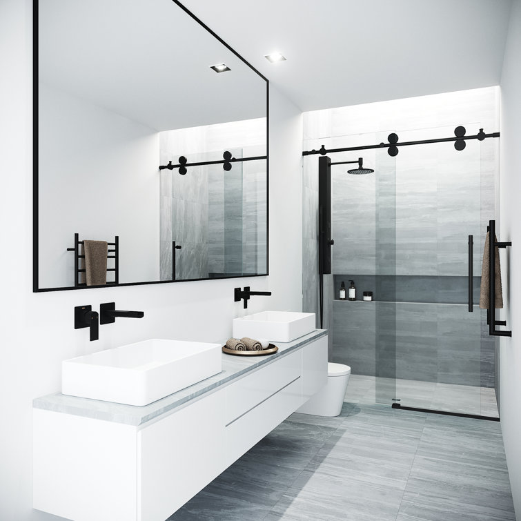 Elan Matte Black Frameless Sliding Shower Door with Clear Glass