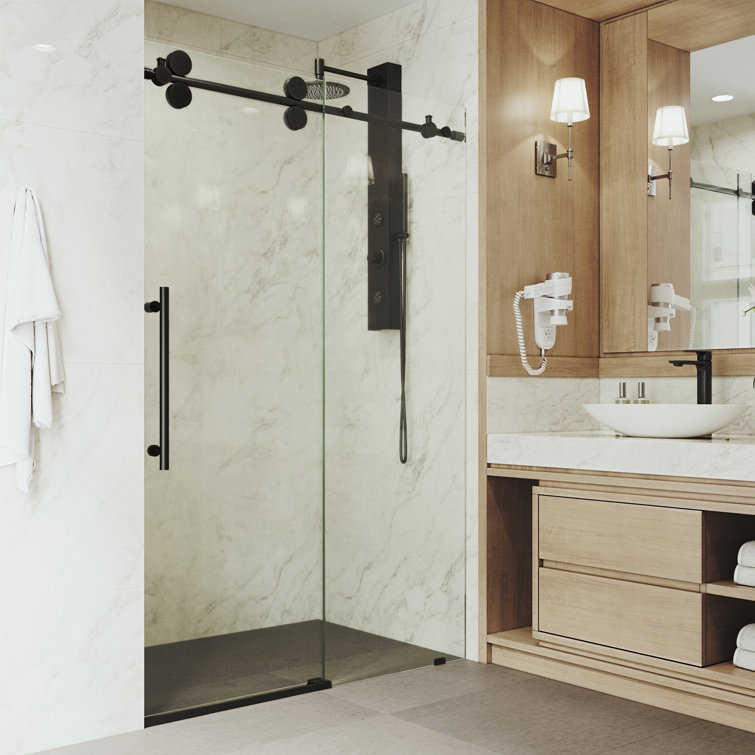 Elan Matte Black Frameless Sliding Shower Door with Clear Glass