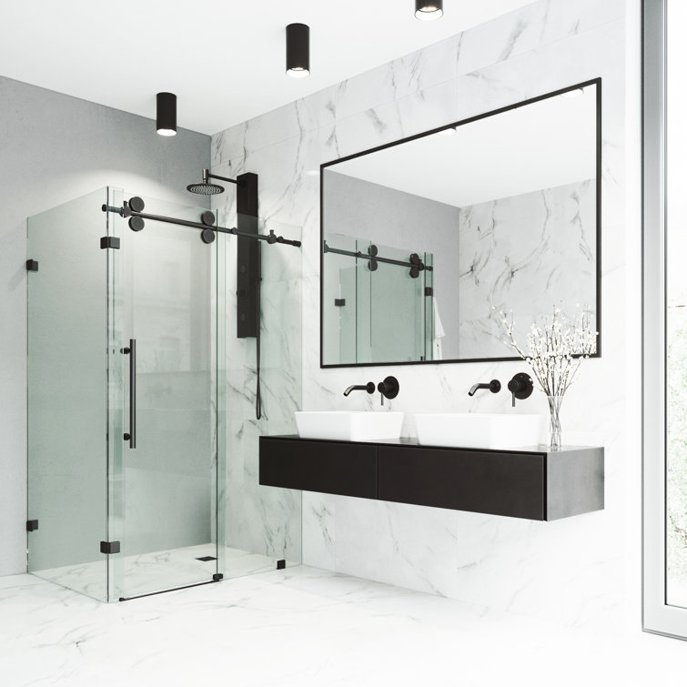 Winslow 46" Matte Black Frameless Sliding Shower Enclosure with Clear Glass