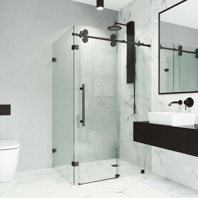 Winslow 46" Matte Black Frameless Sliding Shower Enclosure with Clear Glass