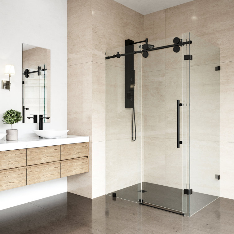 Winslow 46" Matte Black Frameless Sliding Shower Enclosure with Clear Glass