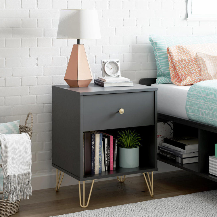 Black and Gold Mid-Century Modern Nightstand with Drawer