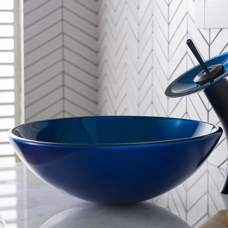 17'' Blue Glass Round Vessel Bathroom Sink