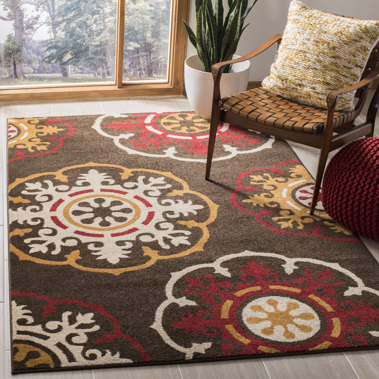 Brown and Red Floral Synthetic Rectangular Rug, 5'1" x 7'6"
