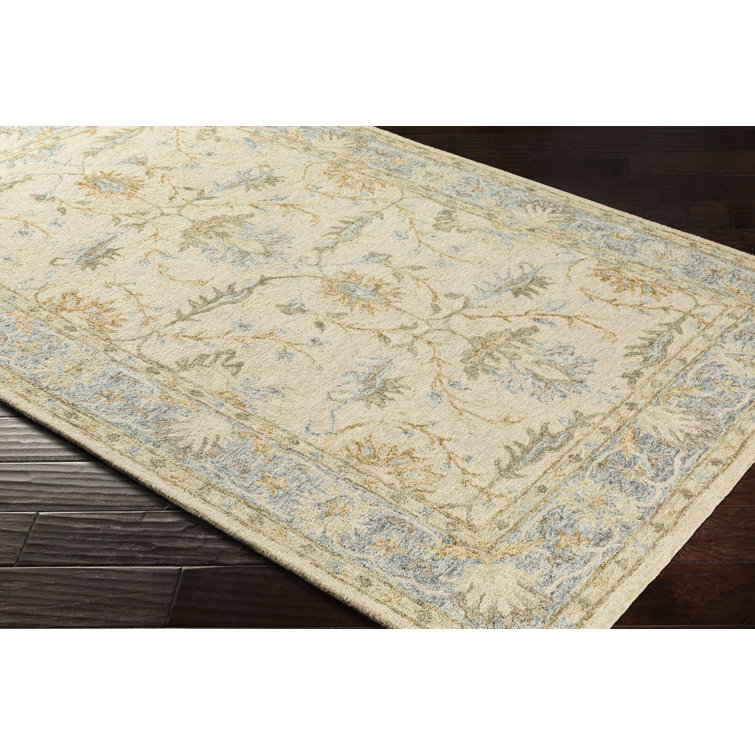 Handmade Beige and Blue Wool 9' x 12' Oriental Rug