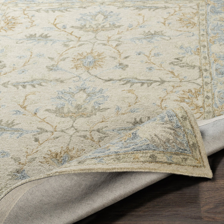 Handmade Beige and Blue Wool 9' x 12' Oriental Rug