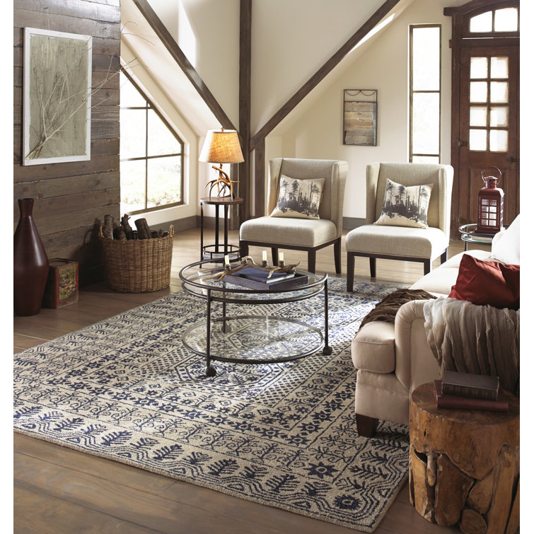 Blue and White Hand-Tufted Wool Rectangular Rug 8' x 11'