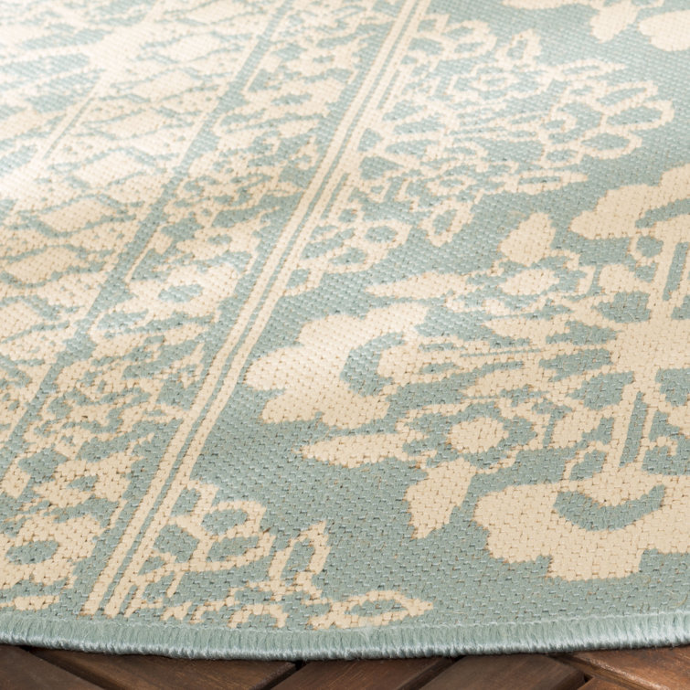Aqua and Cream Washable Synthetic Rectangular Rug