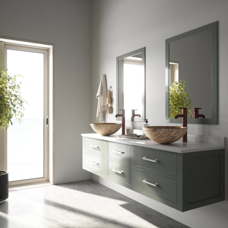 Slate Gray Round Glass Vessel Sink with Brushed Nickel Faucet