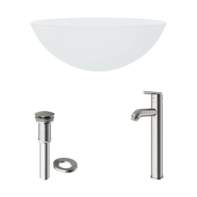 Frosted White Round Glass Vessel Sink with Brushed Nickel Faucet