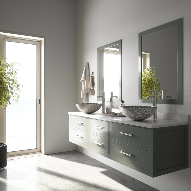 Slate Gray Round Glass Vessel Sink with Brushed Nickel Faucet