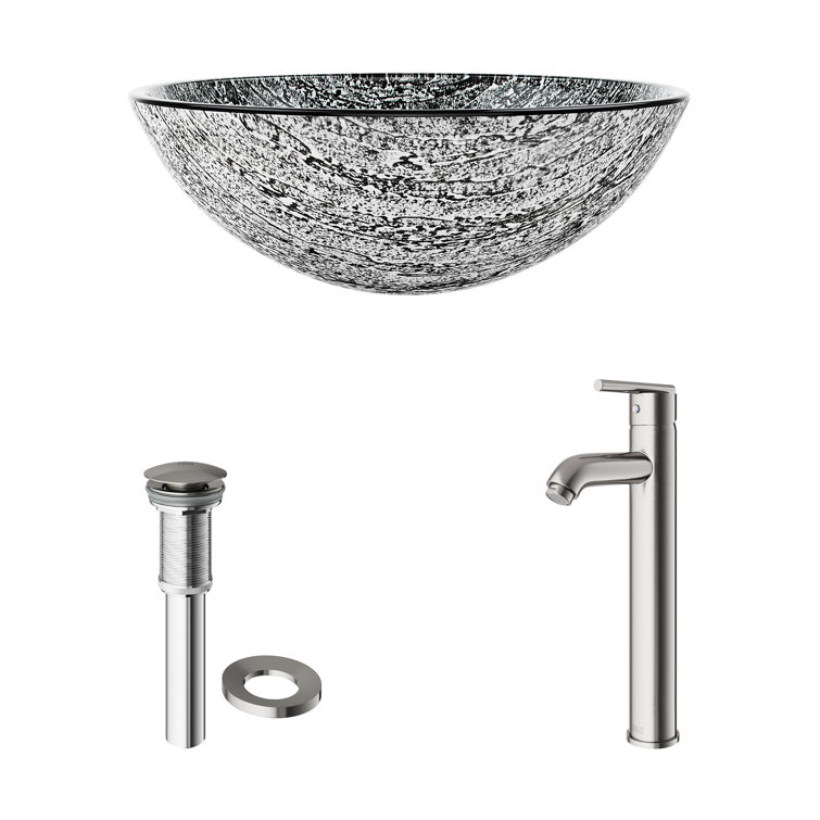 Slate Gray Round Glass Vessel Sink with Brushed Nickel Faucet