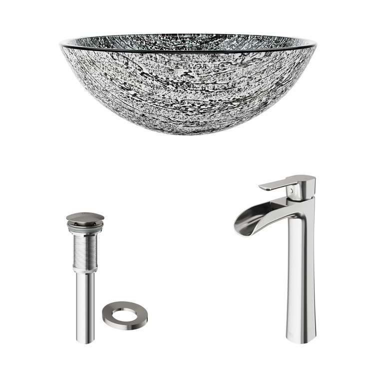 Titanium Gray Glass Vessel Sink with Modern Brushed Nickel Faucet