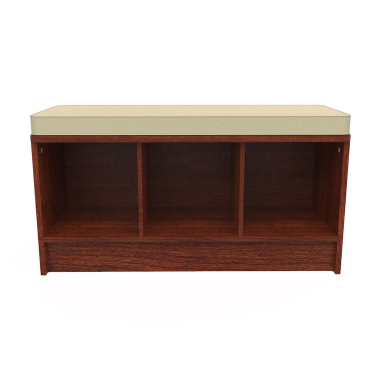 Dark Cherry Wood Storage Bench with Tan Cushion