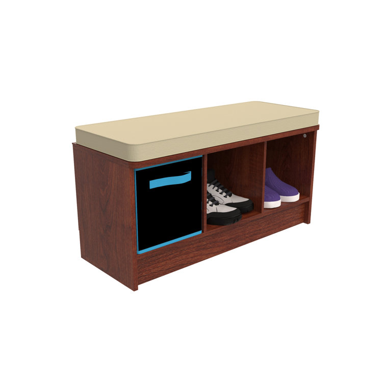 Dark Cherry Wood Storage Bench with Tan Cushion
